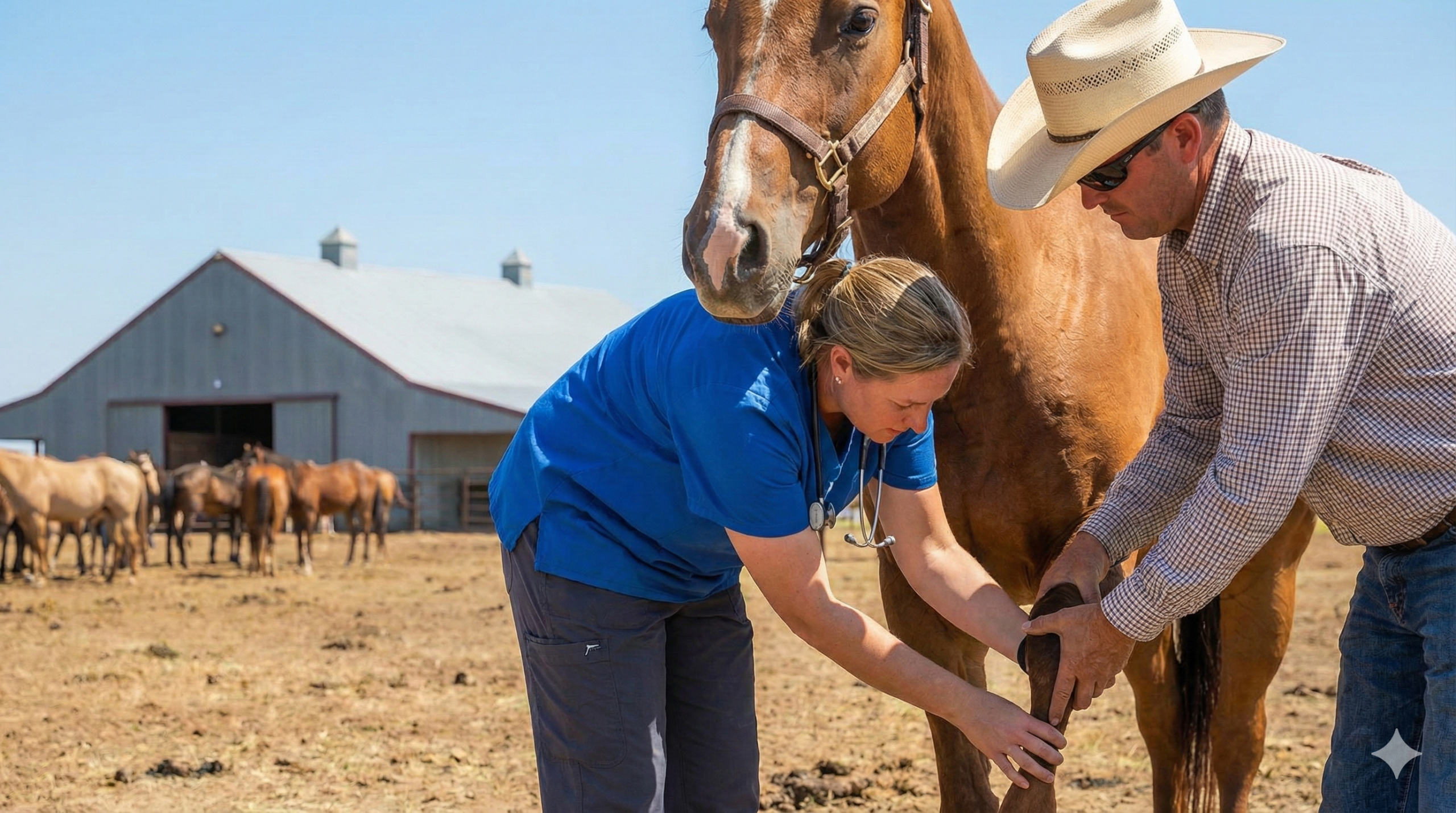 Veterinarian examining horse leg